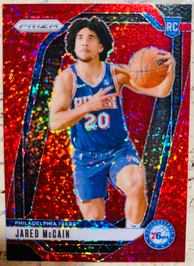 Jared McCain 2024-25 Panini Prizm Red Sparkle RC Philadelphia 76ers #222