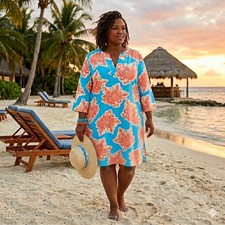 Crown & Ivy Tunic Dress Women 24W Blue Coral Print Rayon V-Neck 3/4 Sleeve