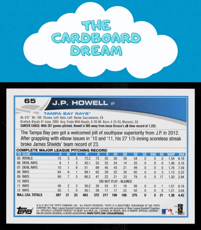 J.P. Howell 2013 Topps #65 Tampa Bay Rays Baseball Card - Image 2 of 2
