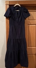 Prairie Quince Tiered Short Sleeved Maxi Dress Smocked Navy Organic Cotton Small
