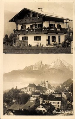 Postcard Berchtesgaden in Upper Bavaria, house with balcony, mountains in... - 4999579