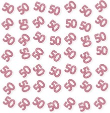 Set of 100 Number 50 Confetti, Pink Glitter 50 Paper Scatter, 50th Pink,white
