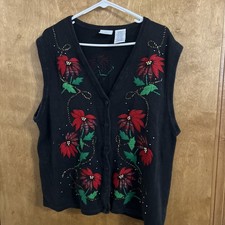 Vtg Bobbie Brooks Womens Plus Sweater Vest Ugly Christmas Poinsettia Black 2XL