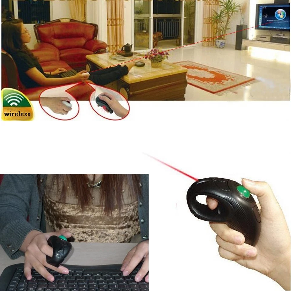USB Wireless Trackball Mouse TV PC Laptop Finger HandHeld Mice w/ Laser Pointer - Image 4 of 4