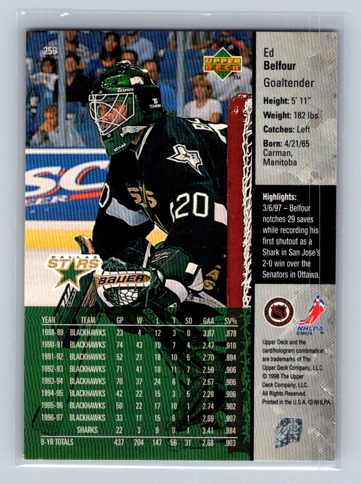 1997-98 Upper Deck #259 Ed Belfour Dallas Stars - Image 2 of 2