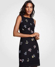 Ann Taylor Dress Black Eyelet with Embroidered Florals Dress Size 8