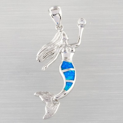 Mermaid Ocean Blue Fire Opal CZ Silver Jewelry Necklace Pendant