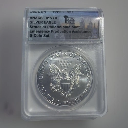 2021 (P) SILVER EAGLE ANACS MS70 FS EMERGENCY ISSUE STRUCK @ PHILADELPHIA LABEL