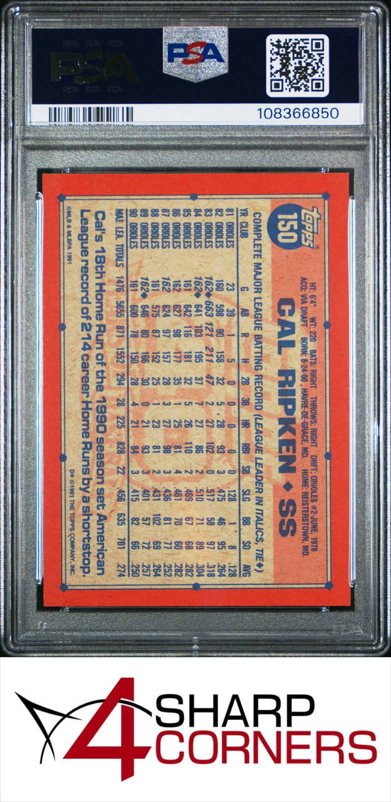 1991 TOPPS #150 CAL RIPKEN JR. ORIOLES HOF PSA 10 view 2
