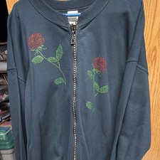Women’s Gildan Black Sweatshirt with Rhinestone Zipper and red rhinestone roses