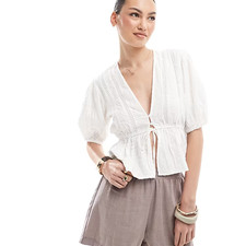 Stradivarius White Blouse Womens Small Boho S...