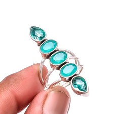 Emerald Simulated Apatite Five Stone Designer 925 Sterling Silver Ring S.6 R31