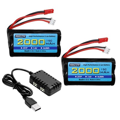 7.4V 2000mAh 15C 2S JST 2P Plug Lipo Battery with 2 in 1 Charger for UDIRC