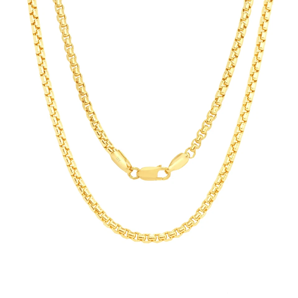 10K Yellow Gold 2mm Venetian Round Box Chain Link Necklace Mens Women 16"- 30"
