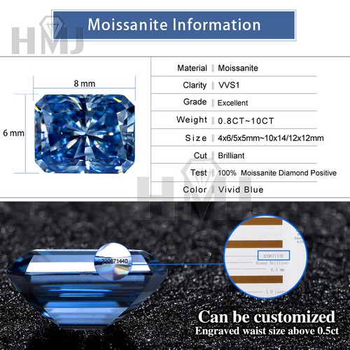 Radiant Cut Moissanite Stone Vivid Blue VVS1 With GAR Certificate DIY Jewelry - Picture 11 of 14