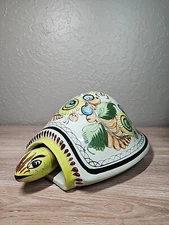 Tonala Floral Bobblehead Turtle Hand Painted Art Shell Mexico Clay Tortoise 12"