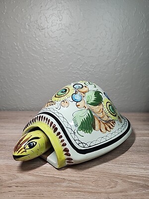 Tonala Floral Bobblehead Turtle Hand Painted Art Shell Mexico Clay Tortoise 12''