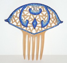 1910-20s DECO Fan Shaped Celluloid Hair Decoration Comb Blue  Clear Rhinestones
