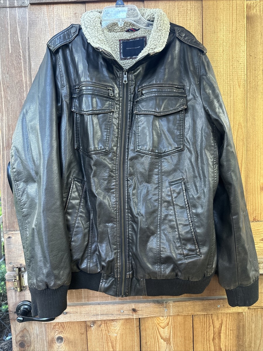 Mens Tommy Hilfiger Brown Faux Leather Zip Up Sherpa Lined Bomber Jacket XLT
