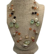 Multi Strand Beaded Necklace Gold Tone Lobster Clasp Green Brown Peach Adj 22.5"