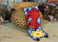 Huichol Indian Bracelet Beaded Red Jaguar Handmade Mexican Folk Art 7 1/2 inches