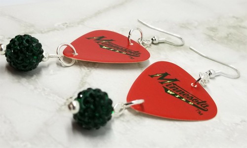NHL Minnesota Wild Red Guitar Pick Earrings with Dark Green Pave Bead Dangles - Picture 3 of 4