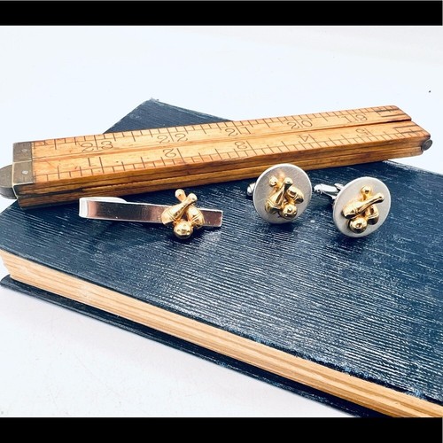 Vintage bowling cuff links & tie bar clip gold silver bowler - Picture 2 of 10