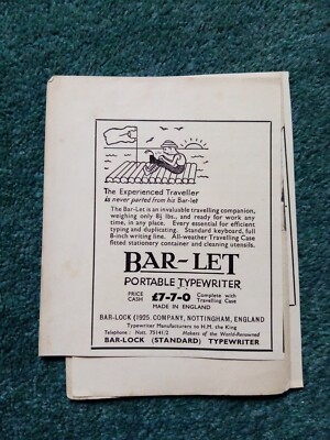 Sa56 Ephemera 1935 Reklame Bar Let Schreibmaschine Bar Lock Company Nottingham 