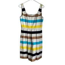 Nine West Blue Yellow Black Brown White Stripe Sun Dress Size 8