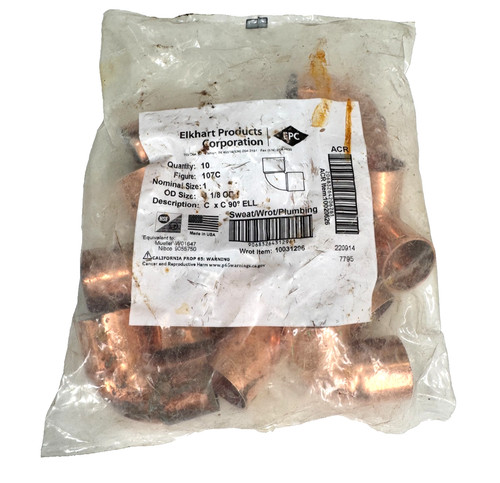 (10-PACK) NIBCO 607 Elbow 1" CTS Sweat End C x C 90-Degree Copper Tubing Fitting