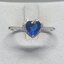 Anello Donna Cuore Argento 925 Zircone Blu Zaffiro e Bianchi  Solitario  Veretta