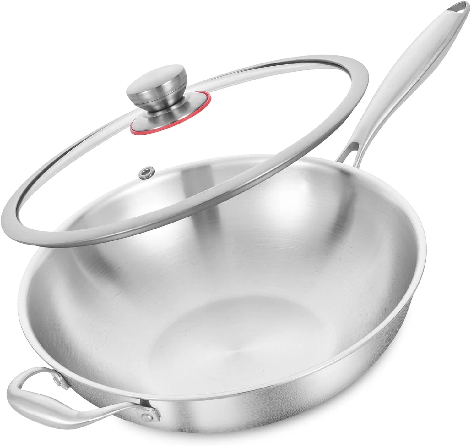 13 Inch Stainless Steel Wok W/ Glass Lid Tri-Ply Stir Fry Pan W/ Detachable