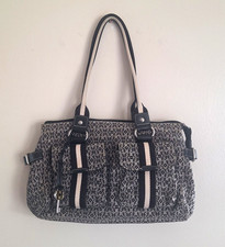Fossil Satchel Purse Signature Jacquard Canvas Leather Trim Double Strap Key VTG