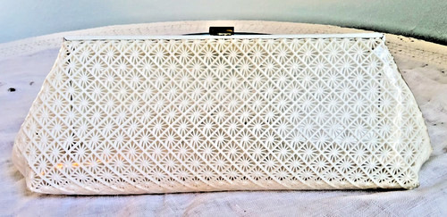 VTG 1950s PLASTIC CLUTCH PURSE MCM GLAM WHITE HANDBAG Atomic Era Transparent Fun