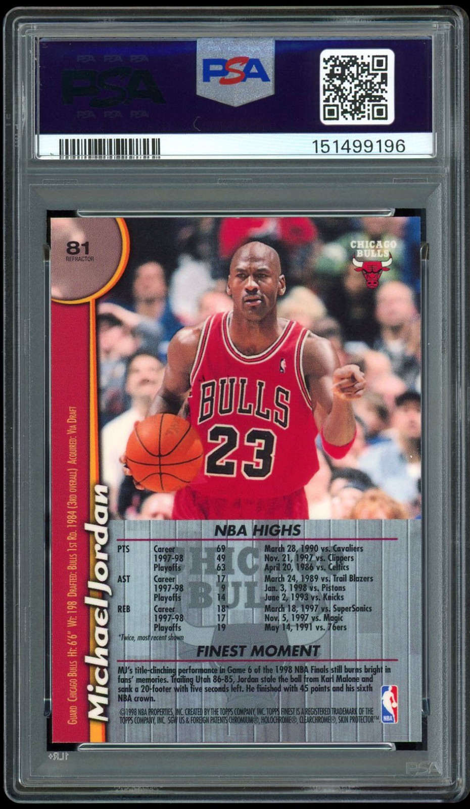 Michael Jordan 1998 Topps Finest Refractor  81 PSA 9 MINT BULLS HOF view 2