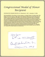 Edward Rightor Schowalter Jr d2003 signed auto 3x5 cut USA Army Korean War MOH