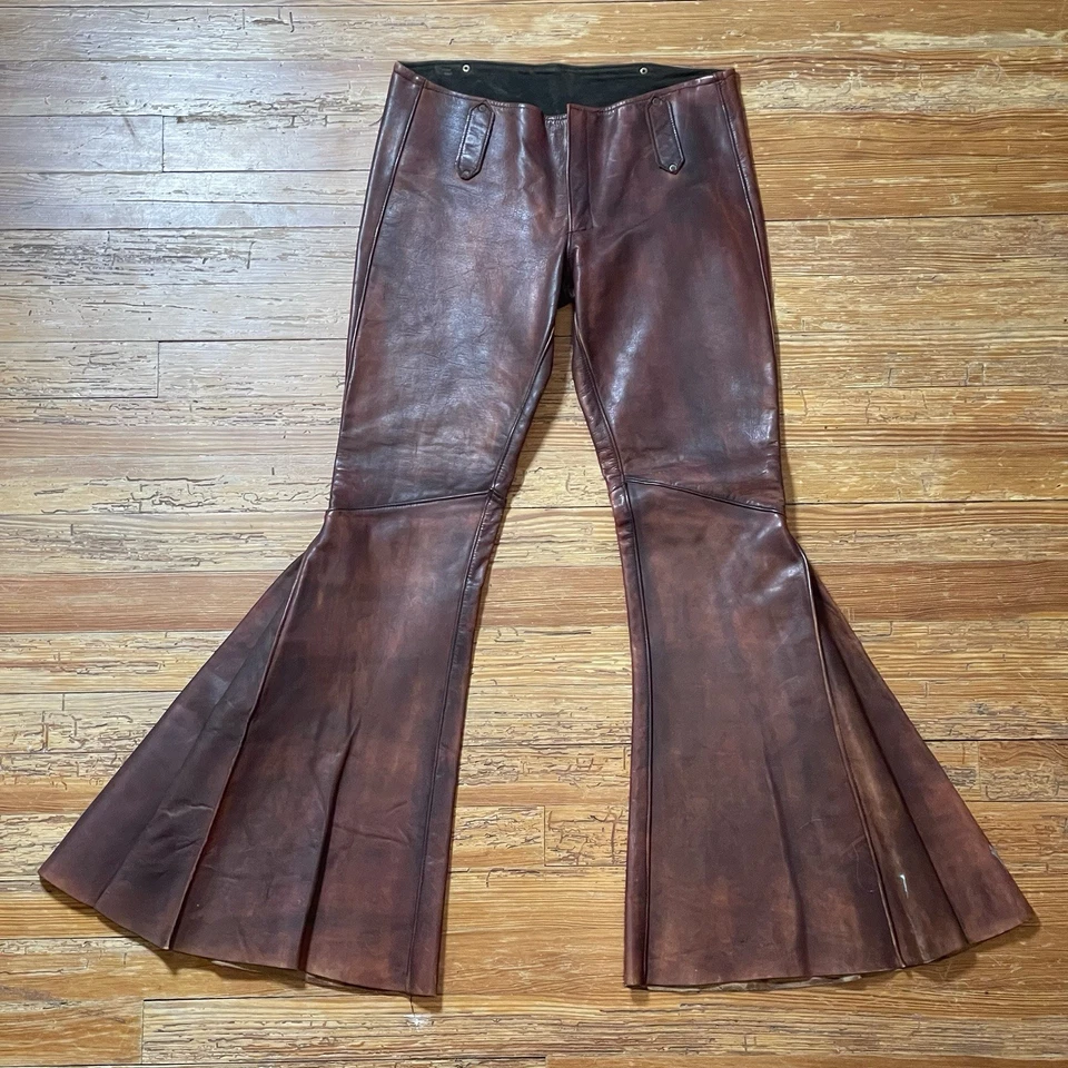 Pantalones Campana Cuero Vintage Años 70 Talla 30x29 Hechos a Mano Garra México Llamaradas