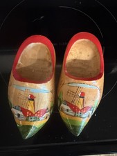 Handmade Hand-Painted Wooden Dutch Clogs Pair Windmill Scene Red Trim