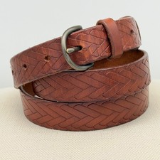 EDDIE BAUER Brown Leather Belt Embossed Woven Pattern USA Made Mens Size L