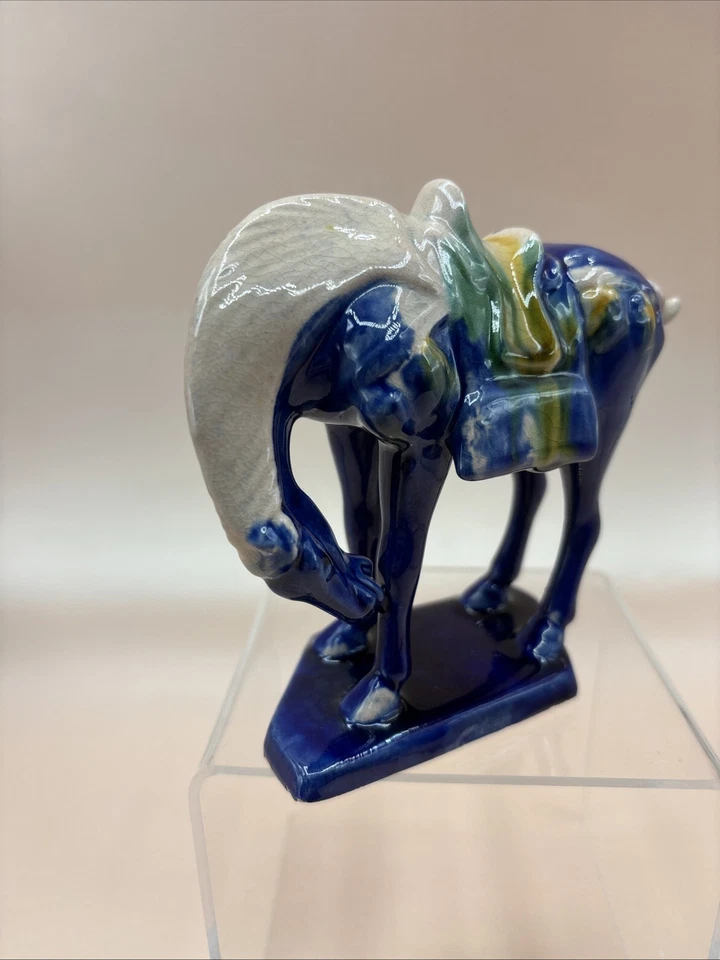 Vintage Chinese Drip Style Glaze Ceramic War Horse Figurine blue - Image 2 of 4