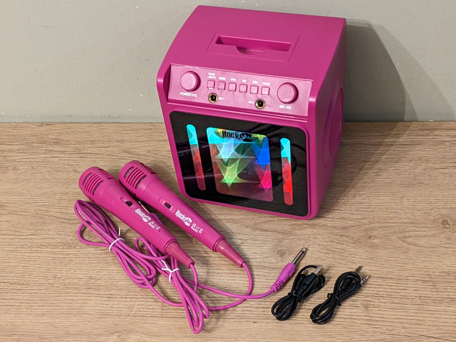 RockJam SingCube karaoke party machine Bluetooth speaker 2 mics pink ‎RJSC02