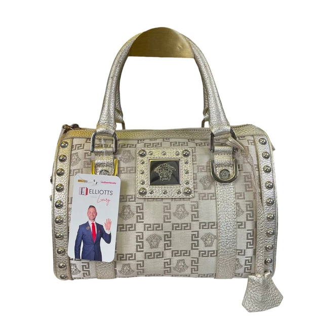 Versace Mini Snap Out of It Metallic Greek Key Jacquard Leather Boston Speedy