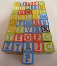 Wooden-Building Blocks-Alphabet-Pictures-1.25"-Lot of 41-Toys-Crafts-Decor-Shown