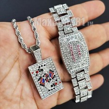 POKER CHAMPION BRACELET SILVER PLATED ALLOY CUBIC ZIRCONIA  KING NECKLACE SET