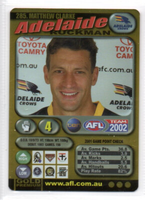 2002 AFL TEAMCOACH GOLD PARALLEL CARD - 285 Matthew CLARKE (ADELAIDE)