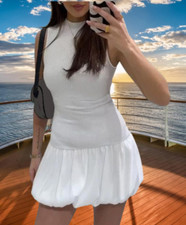 ZARA Ribbed Balloon White Dress 0085/361 Size L Collection Fashion