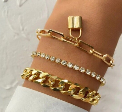 18K Zara gold plated 3 piece with lock diamante  detail  bracelet size 16 cm