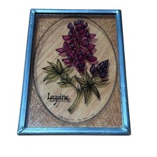 Vintage Lupine Floral Art Painted Glass Sun Catcher w/ Metal Border 5.25"