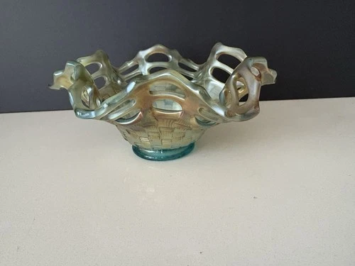 Fenton Two Row Open Edge Basketweave Carnival Glass Ruffled  Aqua