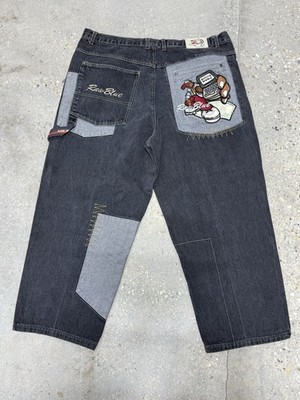 Vintage Y2K Raw Blue Bling Baby Embroidered Denim Jeans Rare Grunge Baggy 44x34